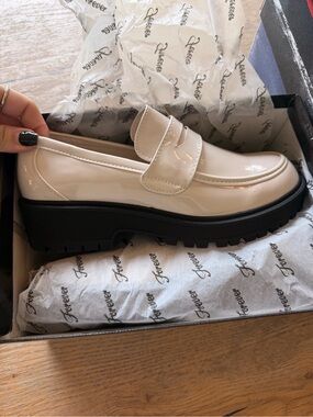 Forever Patent Cream Platform Loafers with Black Lug Sole